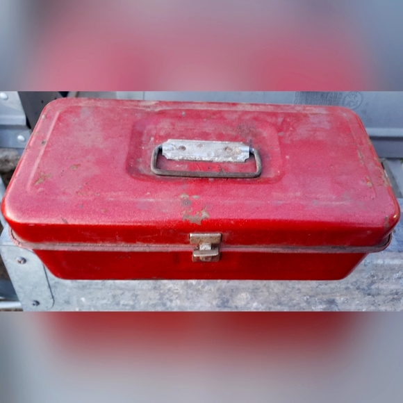 Other - Vintage Rustic Red Metal Tool Box/Hinged Lid Clasp Handle Tools/Tackle Carrier